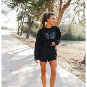 Beige Hour Womens Cropped Sweatshirt by Lauren Kay Sims Size Medium Black